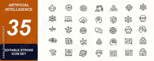 Artificial intelligence web icons in line style. Smart robot, microchip, digital brain, automation, cyber system, algorithm, software, network. Editable stroke. Vector illustration.
