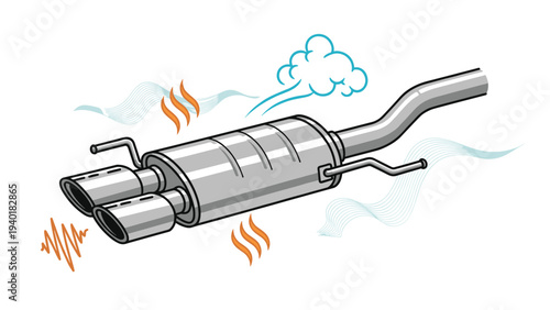 Complete dual exhaust muffler system for a car with heat waves and sound signals representing engine performance and noise.