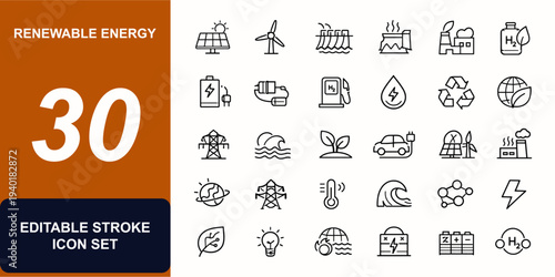 Renewable energy web icons in line style. Solar panel, wind turbine, battery storage, hydrogen fuel, recycling symbol, clean power. Editable stroke. Vector illustration.