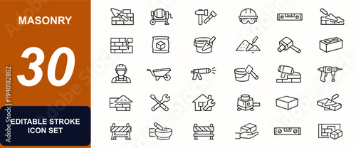 Masonry web icons in line style. Brickwork repair, cement mixer, chisel hammer, safety tools, level measurement, building renovation, handyman set. Editable stroke. Vector illustration.