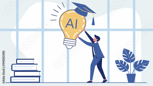Man holding AI lightbulb with graduation cap symbolizing artificial intelligence education and innovation.