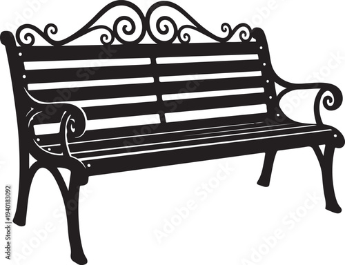 Black silhouette of a decorative park bench with ornate scrollwork black and white outdoor