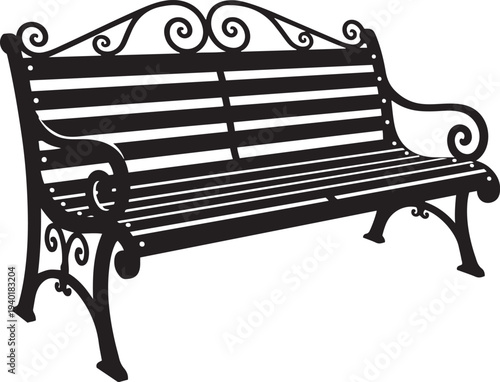 Black silhouette of an ornate park bench with scrolled metalwork and slatted seat black and white outdoor