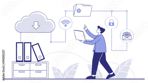 Man managing cloud data storage and network security with laptop.