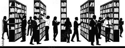 Library people silhouettes reading books among bookshelves students studying knowledge education concept vector illustration set