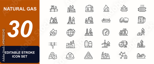 Natural gas web icons in line style. Pipeline energy, refinery, storage tank, heating system, fuel extraction, cargo transport, ecology power. Editable stroke. Vector illustration.
