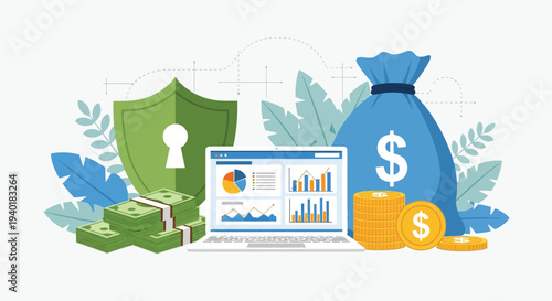 Financial security and wealth management concept with laptop showing investment data alongside money bag green shield and stacks of cash with gold coins