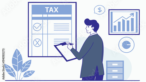 Man reviewing tax documents and financial data in an office setting.