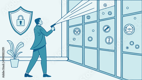 Man scanning server racks with a flashlight symbolizing data security and system integrity.