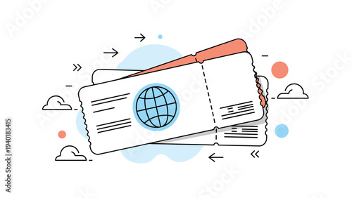 Pair of airline boarding pass tickets with a globe icon surrounded by clouds and travel symbols for vacation planning.