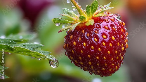 Ripe red strawberries growing among green leaves in a sunny garden bed.