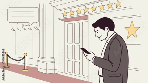 Man using smartphone to check reviews or ratings outside a building.