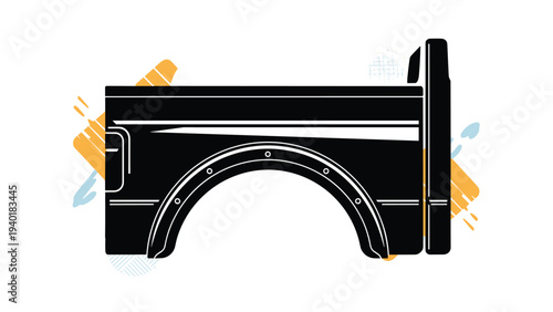Black silhouette of a truck rear fender and wheel well with metal rivet details on an abstract colorful background.