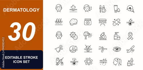 Dermatology web icons in line style. Acne care, skin clinic, allergy treatment, cosmetology tools, psoriasis ointment, melanoma checkup, rash cream. Editable stroke. Vector illustration.