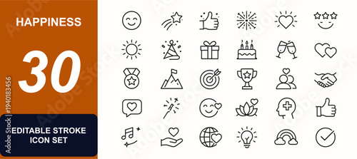 Happiness web icons in line style. Celebration symbols, smile face, fireworks, positive mood, wellness, star review, birthday party, love emotion. Editable stroke. Vector illustration.