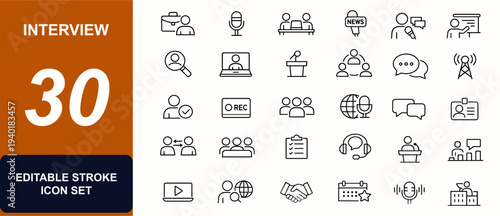 Interview concepts web icons in line style. recruitment, microphone, meeting, broadcast, teamwork, seminar, chat, speaker, media. Editable stroke. Vector illustration.