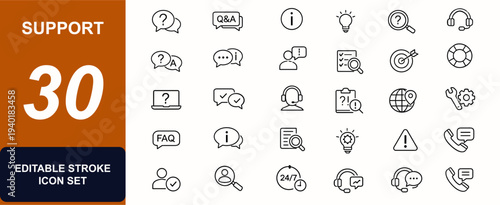 Support web icons in line style with question and answer symbols. FAQ help, chat bubble, advice dialog, info support, research query, phone contact. Editable stroke. Vector illustration.