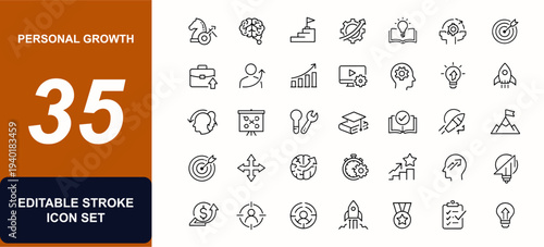 Personal growth web icons in line style. Strategy, brain, career progress, skill training, education tools, productivity, success goal. Editable stroke. Vector illustration.