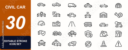 Civil car symbols web icons in line style. Traffic accident, parking, electric car, autonomous vehicle, garage service, road speed, urban transport. Editable stroke. Vector illustration.