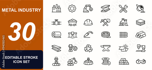 Steel and metal industry web icons in line style. Machinery, gear, pipeline, metallurgy, construction, mining, recycling, sheet, factory icons. Editable stroke. Vector illustration.