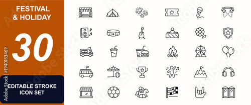Festival and holiday web icons in line style. Concert, celebration, camping tent, fireworks, party ticket, microphone, stage, food. Editable stroke. Vector illustration.