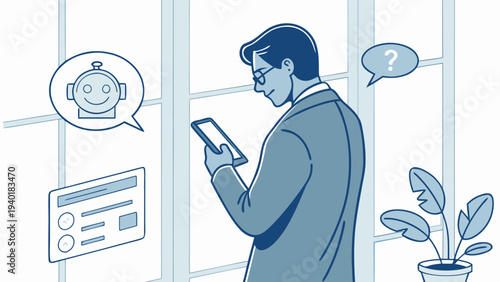 Man using smartphone with AI chatbot and data interface in office setting.