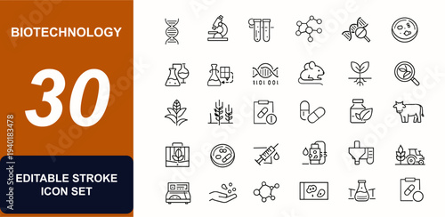 Biotechnology web icons in line style. Genetics lab, dna gene, microscope, agriculture crop, pharma medicine, molecular chemistry. Editable stroke. Vector illustration.