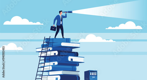 Professional businessman standing on top of tall book stack using telescope to search for future opportunities and business vision under blue cloudy sky