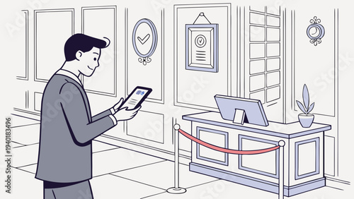 Man using tablet at reception desk in a modern office or hotel lobby.