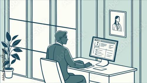 Man working at desk in office with large windows and plant.