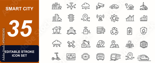 Smart city web icons in line style. Infrastructure, automation, wireless network, surveillance, sensor device, building, data grid. Editable stroke. Vector illustration.