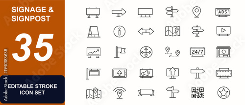 Signage and signpost symbols web icons in line style. Billboard, arrow direction, advertising board, navigation guide, street indicator, media. Editable stroke. Vector illustration.