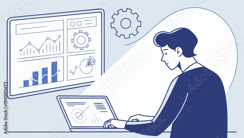 Man working on laptop analyzing data and managing settings.