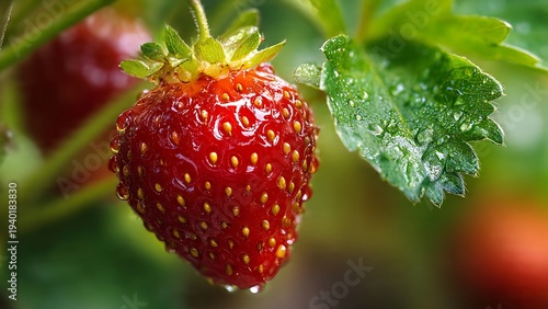 Fresh strawberries hanging from plants with bright green foliage.