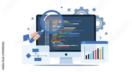 Software analysis and development with magnifying glass, programming code on computer screen, flowchart and graph charts, flat vector illustration