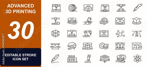 Advanced 3D printing tools and technology web icons in line style. Laser printer, filament spool, CAD model, prototype device, scanner cube. Editable stroke. Vector illustration.