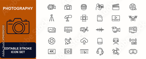 Photography web icons in line style. Videographer, camera lens, cinematography, tripod, microphone, digital equipment, film reel, shutter, media device, video editing. Vector illustration.