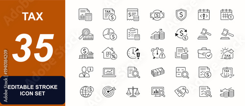 Tax web icons in line style. Accounting report, invoice form, payment receipt, corporate finance, budget statement, tax refund, penalty deadline, adviser service. Editable stroke. Vector illustration.