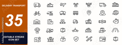 Delivery transport web icons in line style. Logistics, freight truck, cargo shipment, courier service, airplane, drone, van, boat, bicycle, helicopter. Editable stroke. Vector illustration.