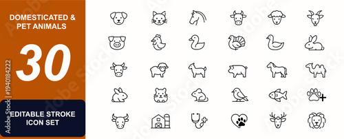 Domesticated and pet animals web icons in line style. Dog, cat, horse, livestock, poultry, veterinary care, wildlife symbols, farmyard mammals, zoo fauna, agriculture. Vector illustration.
