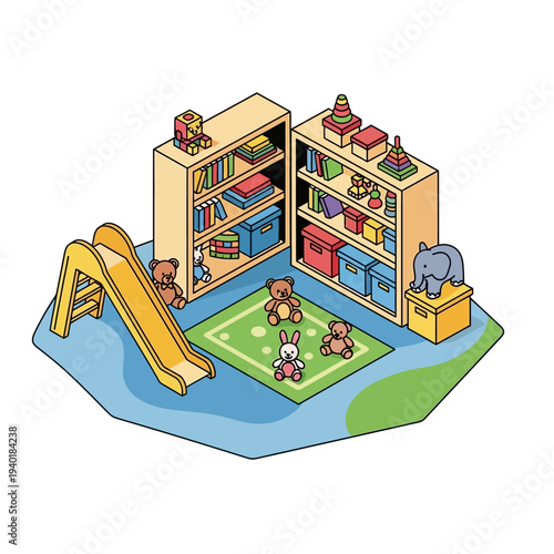 Isometric illustration of a playroom with bookshelves, toys, a slide, and a rug.