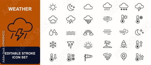Weather web icons in line style. Forecast cloud, rain snow, lightning storm, sunny sky, tornado wind, thermometer hot cold, climate season. Editable stroke. Vector illustration.