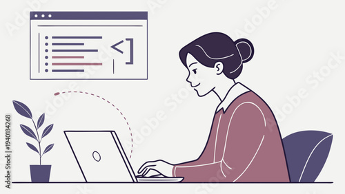 Woman working on laptop with code illustration.