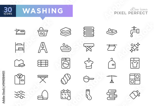 Washing line icon collection. Clean clothes, laundry, essentials, washing machine, towel, wash, bubble outline vector icons