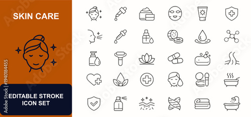 Skin care web icons in line style. Beauty treatment, dermatology therapy, moisturizing cream, serum dropper, facial mask, makeup powder, wellness protection, body hygiene. Vector illustration.
