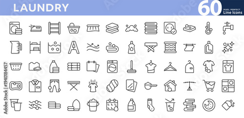 Laundry line icon set. Essentials, washing machine, detergent, clean clothes, iron, towel, wash, cleaning, shirt, bubble outline vector icons. Editable stroke