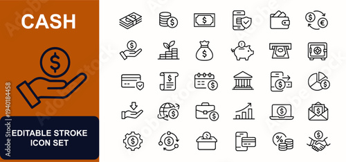 Cash web icons in line style. Currency banknote, coin stack, finance payment, salary income, savings fund, ATM withdrawal, business capital. Editable stroke. Vector illustration.