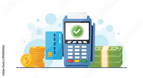 Point of sale terminal with credit card, stack of coins, and bundles of cash, successful transaction concept flat illustration