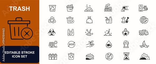 Trash web icons in line style. Garbage disposal, recycle bin, compost bucket, pollution control, landfill waste, eco cleanup, biodegradable bag. Editable stroke. Vector illustration.