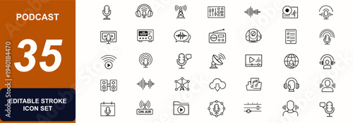 Podcast web icons in line style. Microphone, audio streaming, broadcast studio, sound waveform, voice recording, radio speaker, digital media. Editable stroke. Vector illustration.